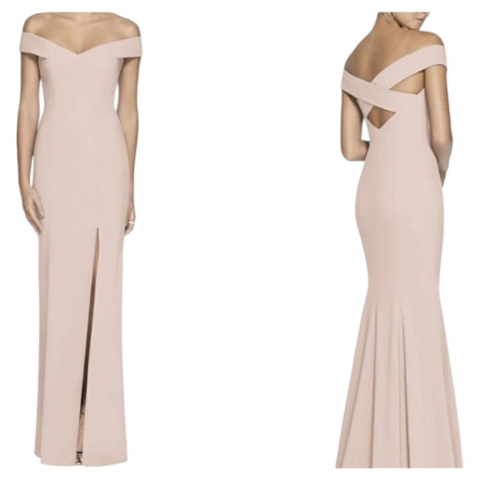 NWT Dessy Collection Off-Shoulder Light Pink Maxi Dress 3012 Cross Back Size 8